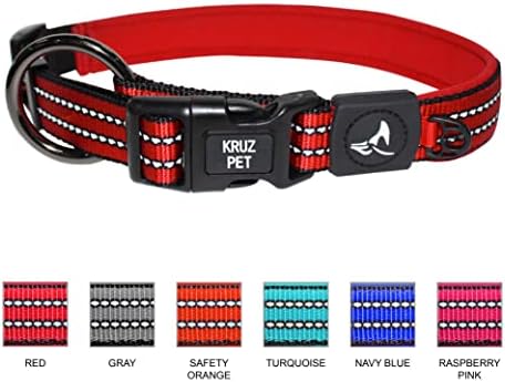 Kruz Dog Collar for Large Dogs (Width- 1", Length - 21"-25") Reflective Adjustable Pet Neck Band with Comfortable Neoprene Padding, Heavy-Duty O-Ring, 100% Nylon Strap (Blue, Large)