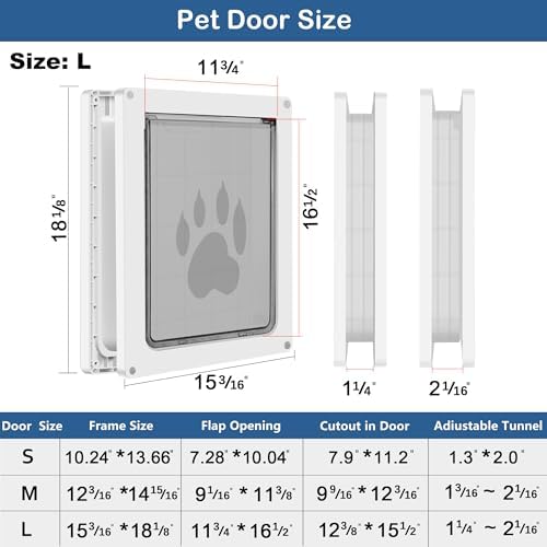 CEESC Large Dog Door, Snap-in Closing Panel, Up to 80 lbs, Durable, White | Flap 11.75"x16.5", cut-out 12.4"x15.5". Fits doors 1.25-2.06in. Weatherproof ABS, magnetic seal