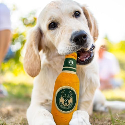 Pets First NBA Milwaukee Bucks Beer Bottle Plush Dog & CAT Squeak Toy - Cutest Stadium SODA Bottle Snack Plush Toy for Dogs & Cats with Inner Squeaker & Beautiful Basketball Team Name/Logo