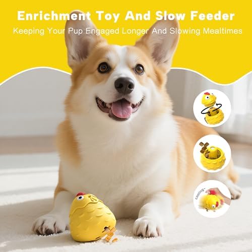 Interactive Dog Toy Ball - Squeaky Treat Dispenser, Pull Handle & Wobble Puzzle, Durable Natural Rubber Chicken Chew Toy for Boredom Relief, IQ Training for Small Medium Large Dogs