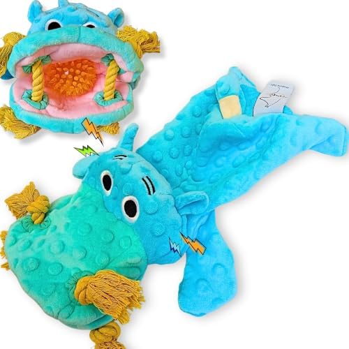 No Stuffing Interactive Plush Dog Toy with Hidden Toy Inside, Squeaky Soft Dog Toy for Small, Medium & Large Breeds, Blue Plush Hippo for Fetch, Play and Engagement, Gift Ready Box