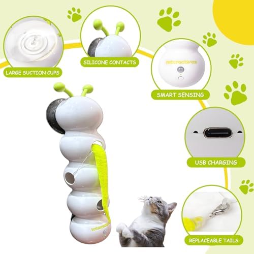 Caterpillar Cat Toy, Interactive with Worm Design, Automatic Cat Toy with Motion Sensor, Replaceable Tails Bite Resistant USB Rechargeable Teaser with Suction Cup,Indoor Cats for Daily Play
