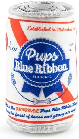 Haute Diggity Dog Pups Blue Ribbon Beer Can Plush Dog Toy, Drink Parody Toy