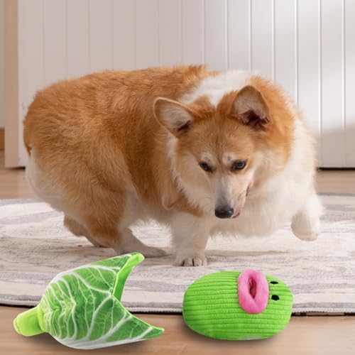 Andiker Dog Squeaky Toy, Cute Cabbage Shaped Detachable Puppy Plush Toy with Food-Leaking Design, Squeaker & Crinkle Paper, Interactive Dog Toy for Teething Chewing Playing (Green)