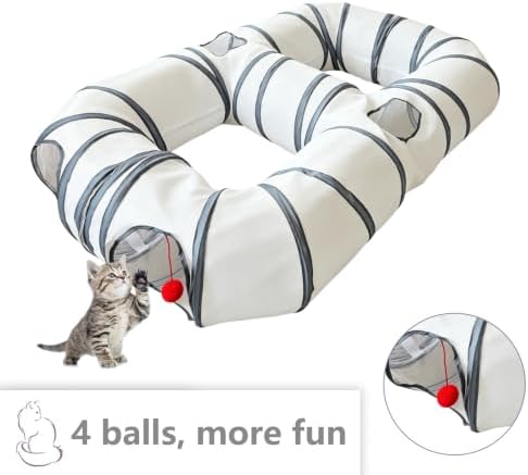 8-Shaped Cat Tunnel Toy Interactive Foldable Playhouse Maze Toys for Cats, Kittens, Rabbits & Small Pets with Playing Balls Collapsible Play Tube for Indoor Fun & Exercise (White)