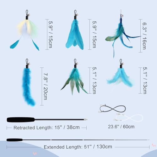 SONGWAY Cat Wand Toys for Indoor Cats - Cat Toy Set with Retractable Teaser Wand and 6 PCS Fairy Feather Toy Refills, Dragonfly Tassel Plush Cat Toys Interactive, Blue