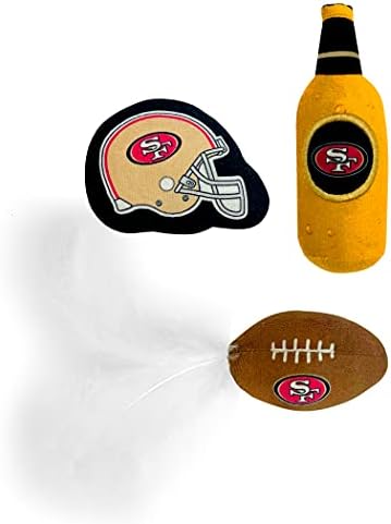BEST PLUSH CAT TOY NFL SAN FRANCISCO 49ERS Complete Set of 3 piece Cat Toys filled with Fresh Catnip. Includes: 1 Helmet Cat Toy, 1 Football Cat Toy with Feathers & 1 Beer Bottle. Beautiful Team LOGOS