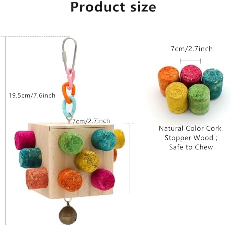 Square Bird Chew Toy, Parrot Cork Stopper Toys Bird Swing Bell Hanging Wooden Puzzle Foraging Toys Small Bird Bite Perch Stand, Small and Medium Parrots (1 Pack-Square Cork Stick)