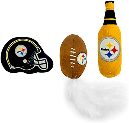 BEST PLUSH CAT TOY NFL PITTSBURGH STEELERS Complete Set of 3 piece Cat Toys filled with Fresh Catnip. Includes: 1 Helmet Cat Toy, 1 Football Cat Toy with Feathers & 1 Beer Bottle. Beautiful Team LOGOS