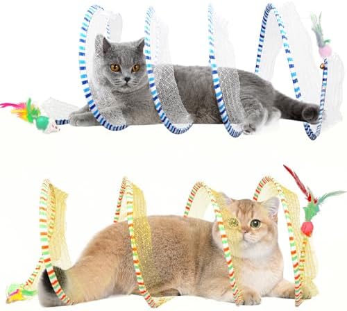 2-Pack Large Cat Tunnel Beds - Indoor & Outdoor,Kitten Collapsible Spring Tunnel Toy with Feather and Bell,Interactive Spring Toys for Cats & Kittens（Yellow and Blue）