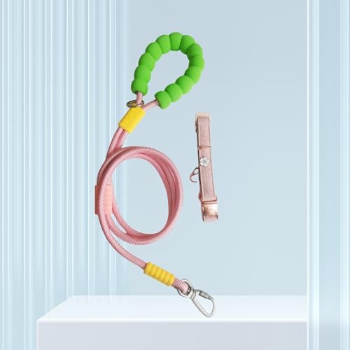 5ft Pink Hands Free Dog Leash & Premium Adjustable Collar Set - Bungee Waist/Crossbody Leash with Safety Lock, Rose Gold Buckle, Smart ID Ring - Durable Nylon & Twill for Small to Mediu Dogs
