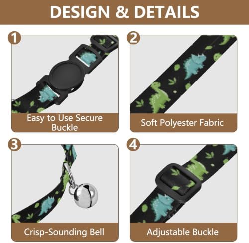 2 Pack Kitten Collar Cartoon Dinosaurs Leaf Dot Black Kitten Collar with Bell, Adjustable Length 10.6" to 17.1"