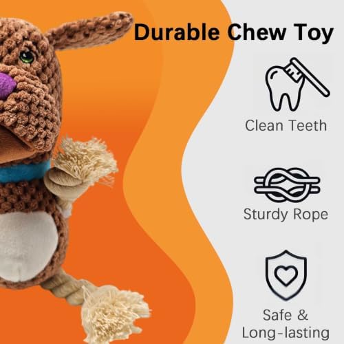 Brown Poodle Squeaky Plush Dog Chew Toy, 10.6 in Rope Crinkle Toy