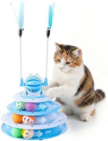 Cat Turntable Toy Ball - Interactive Kitten Toys & Toys for Indoor Cats with 6 Colorful Balls & 2 Cat Teaser Wands, Fun Mental & Physical Exercise Puzzle Plaything for Kitty Kitten to Play (Blue)