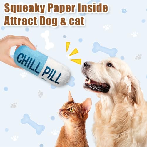 Wanheart Funny Chill Pill Dog Toy, Squeaky Plush Capsule for Teething Puppies & Cats, Interactive Chew Gift with Bite-Resistant Design, Pet Lover Present, Training Supply & Photo Prop(Blue)
