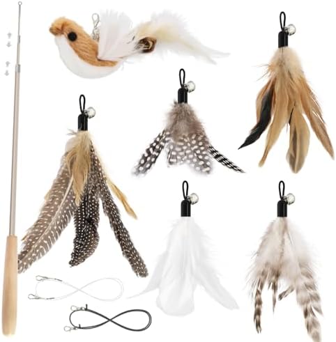 SONGWAY Interactive Cat Feather Toys - Cat Wand Toy Set with Retractable Teaser Wand and 6 PCS Natural Feather Refills, Da Bird Cat Toys for Indoor Cats Kittens