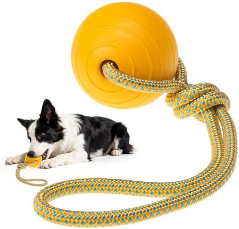 SCENEREAL Floating Dog Pool Toys - Ball on Rope Fetch and Tug-of-War Toy for Medium Large Dogs Outdoor Training, EVA Rubber Water Pet Interactive Toys for Summer Beach, Yellow