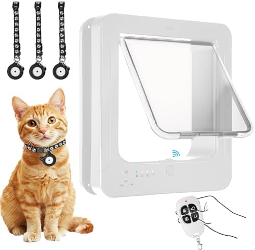 Smart Cat Door for Interior & Exterior, Cat Pet Door with 3 Collar Sensor Keys & 1 Remote Control & 4 Way Locking Cat Flap with RFID Collar Activated Opening SmartPetDoor(White)