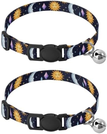 2 Pack Small Dog Collar Moon Sun Navy Dog Bell Collar, Adjustable Length 10.6" to 17.1"