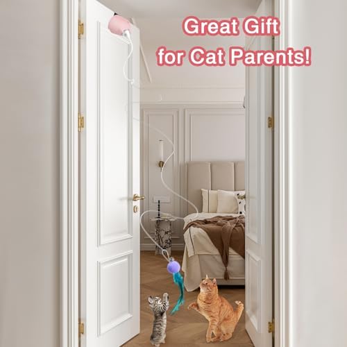 Cat Toys Interactive for Indoor Cats, Rechargeable Toy Hanging Door Electric with 4pcs Feathers Toys for Bored Kittens (Pink)