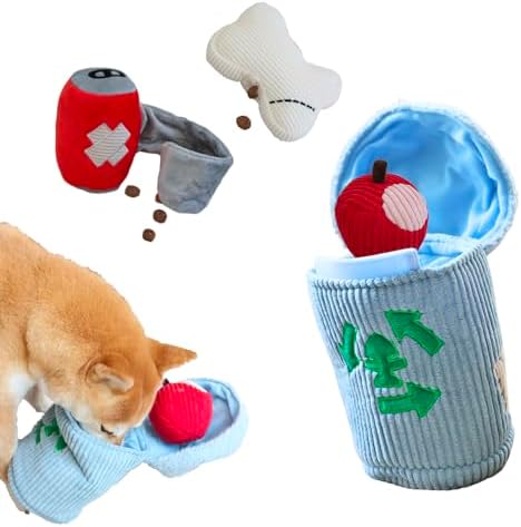 Dog Squeaky Toys, Plush Puzzle Dog Toy for Small Medium Large Dogs, Chew Fetch Brain Stimulating Toy, 3 Durable Small Toys with a Big Trash Can