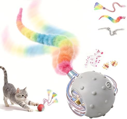 Automatic Chirping Cat Ball, 3 Interchangeable Tails for Indoor Cats, Gray