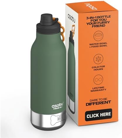 asobu Dog Barky Bottle – Insulated Stainless Steel Water Bottle with 2 Removable Dog Bowls for Food, Treats & Water – Pet-Friendly Travel Bottle for Hiking, Road Trips & Outdoor Adventures