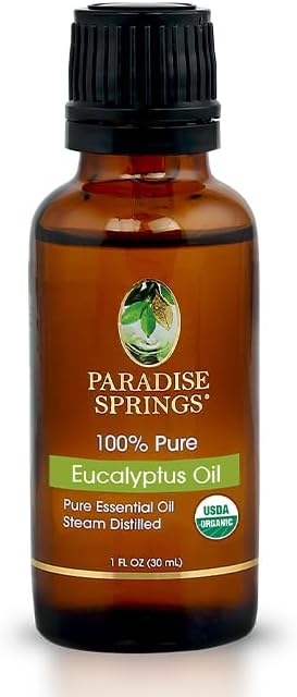 Paradise Springs Organic Eucalyptus Essential Oil, 100% Pure and Natural Organic Eucalyptus Essential Oil for Diffusers for Home Aromatherapy, Massage, Humidifiers, 1 fl oz (30ml)