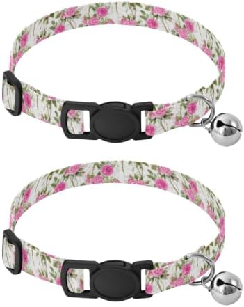 2 Pack Cats Collar Floral Roses Puppy Collar with Bell, Adjustable 10.6 to 17.1 Inches