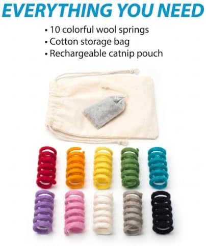 Glaciart One Felt Mini Spring Cat Toy – 10 Pcs Soft Fuzzy Enrichment 100% Natural Wool - Interactive Stretchable Play Cat Toy Set - Safe for Pets, Non-AZO Colored Dyes - 11” Long