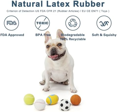 Squeaky Dog Ball, Soft Latex Rubber Squeaky Dog Toys for Small Dogs Puppies, Cute Squeak Toys Play Ball - Tennis, Soccer, Football, Basketball and Baseball
