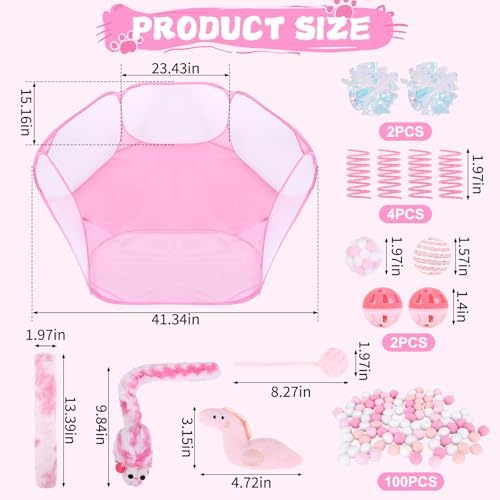 Foxtell Pink Cat Ball Pit Include 115 PCS Interactive Cat Toys for Indoor Bored Self Play Enrichment Toy for Indoor Cats Interactive Fun and Exercise