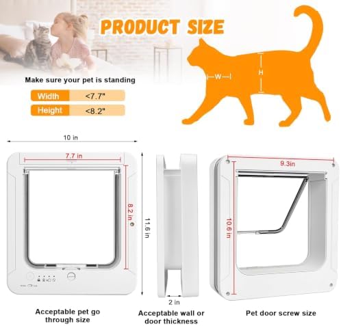 Smart Cat Door for Interior & Exterior, Cat Pet Door with 3 Collar Sensor Keys & 1 Remote Control & 4 Way Locking Cat Flap with RFID Collar Activated Opening SmartPetDoor