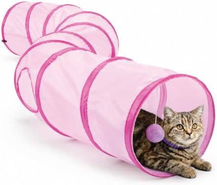 ASPCA Cat Tunnel with Rattle Toy – Interactive Collapsible Cat Tunnel for Indoor Cats, Crinkle Play Tunnel with Hanging Rattle Toy, Encourages Hiding, Chasing, Pouncing & Active Play, S-Shape, Pink
