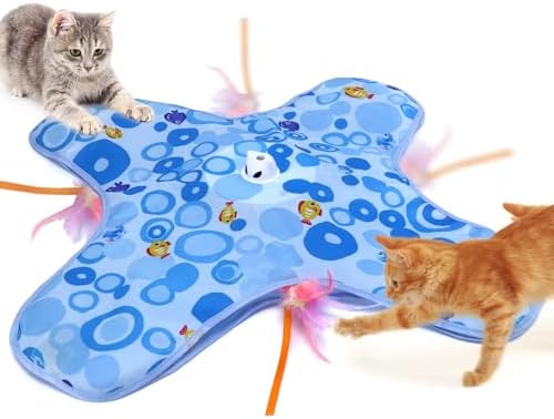 DFQ Interactive Cat Toy for Indoor Cats, Rechargeable Touch-Activated Moving Feather Wand with Concealed Motion, Play Toy for Kittens and Adult Cats (Blue)