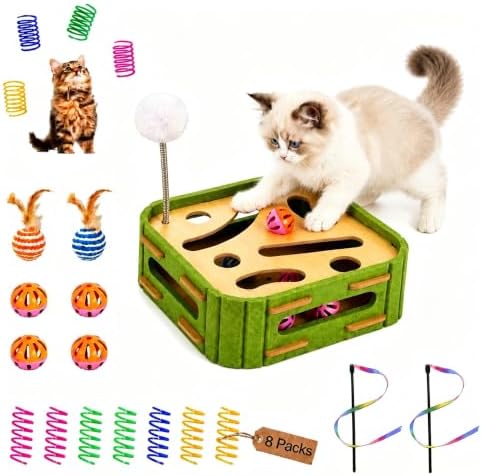 5-in-1 Cat Puzzle Box Toy for Indoor Cats Boredom Relief Interactive Wooden Cat Enrichment Maze with Balls, Feather Wands & Spiral Springs, Slow Feeder Treat Dispenser for Kittens & Adult Cats