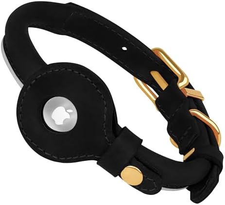 OOPSDOGGY Rolled Leather Dog Collar with Airtag Holder (Black, XS, 8"-11")