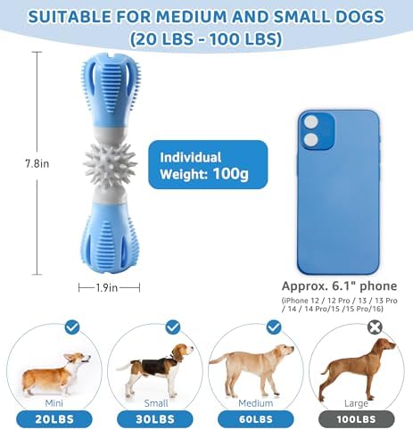 Durable Dog Chew Toy, Natural Rubber Treat Dispensing Puzzle Toy for Small & Medium Breeds – Interactive Teething, Training, and Dental Care Toy to Keep Dogs Engaged & Relieve Boredom (Blue)