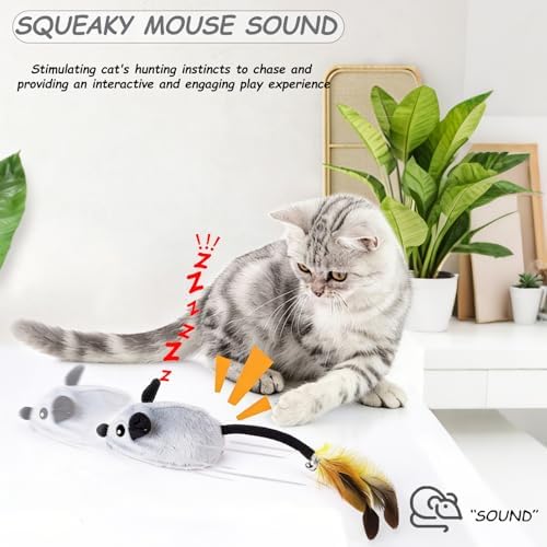 Interactive Mouse Cat Toy, Automatic Moving Fake Rat Mouse Cat Toy, Realistic Rechargeable Dog Mouse Toy with Sound & Feather & Bell, Prank Joke Scary Trick Rats for Cats Dogs