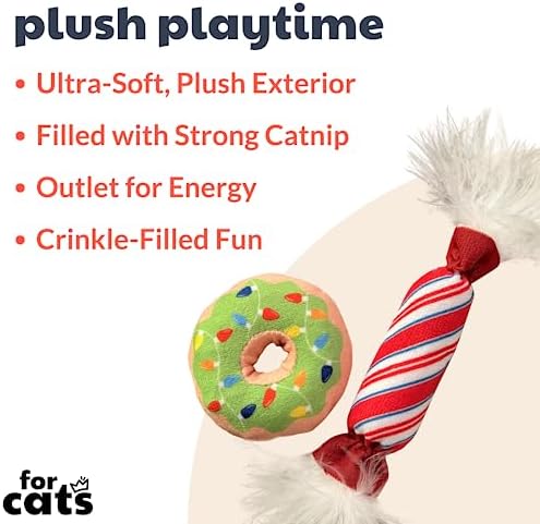 Huxley & Kent Plush Cat Toy - Holiday Interactive Catnip Toy for Cats & Kittens - Soft with Crinkle & Catnip - Fun Indoor Play - Lit Donut & Peppermint Candy 2pk
