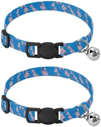 2 Pack Cats Collar Cherry Blossom Flowers Blue Decorative Pet Collar with Bell, Adjustable 10.6 to 17.1 Inches