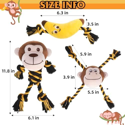 PUPTECK Monkey Dog Squeaky Chew Toys 3 Pack