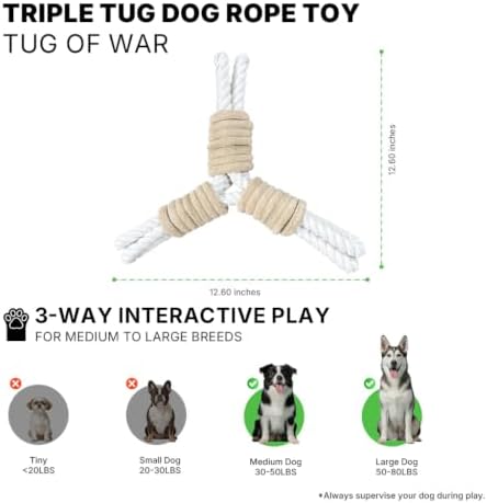 3 Way Dog Toys, Dog Tug Toy for Multiple Dogs and Aggressive Chewers