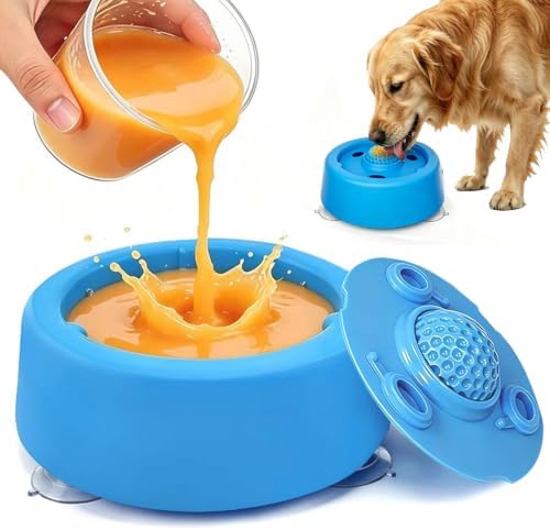 Slow Feeder Dog Bowls for Liquid Treat Dog Lick Bowl with Enrichment Rolling Ball Toy for Bone Broth Yogurt and Liquid and Thick Treat with Suction Cup Base for Small Medium Large Dogs