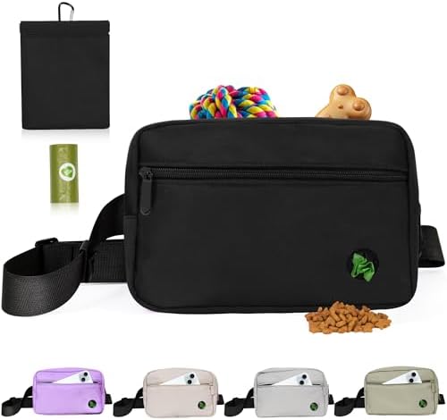 Puppy Dog Treat Pouches for Pet Training Treat Bag, Dog Walking Fanny Pack with Carabiner, Built-in Poop Bag Dispenser & Reuse Dog Poop Holder, Puppy Pet Treat Waist Belt (Black)