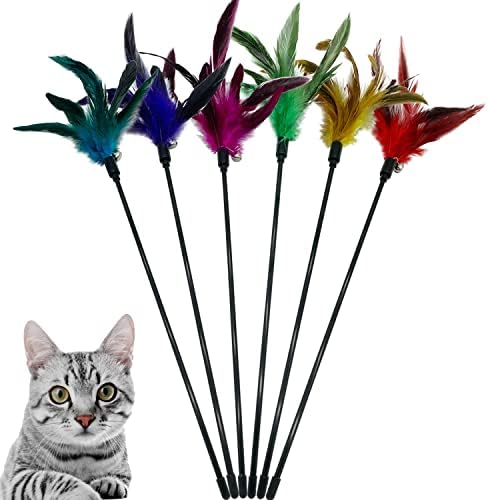 CATENAS 6 PCS Feather Stick Cat Toys, Interactive Wand for Indoor Cats