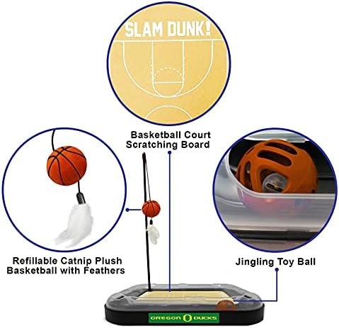 CATS SCRATCHER NCAA Oregon Ducks Basketball Court CAT Scratcher Toy with Catnip Filled Plush Basketball Toy & Feather Cat Toy Hanging, with Jingle Bell Interactive Ball Cat Chasing 5-in-1 Kitty Toy