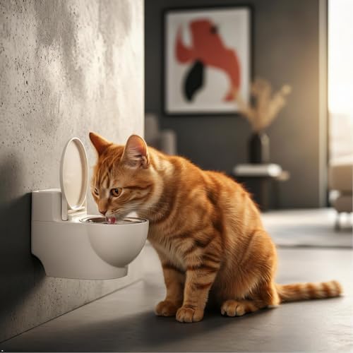 Toilet Pet Water Dispenser for Cat and Dog, Small White Funny Water and Food Bowl