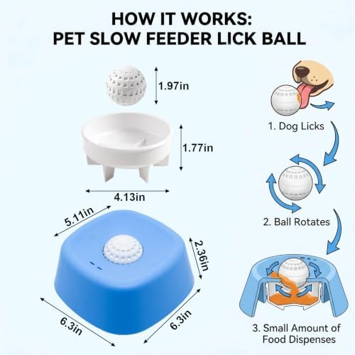 Slow Feeder Dog Bowls for Liquid Treat, Anti-Slip【Entertained Ball-in】 Bone Broth Dog Lick Bowl, 3/4 Cup Yogurt Pup Lick Toy for Large Medium Small Breeds Dietary Supplement/Post-op Nutrition (Blue)