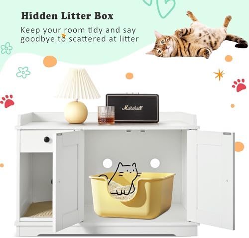 Montary Multi-Use Cat Litter Enclosure Box with Storage Drawer & Cat Litter Mat,Hidden Litter Box Furniture,Farmhouse Style Wooden Pet House Side Cabinet, White